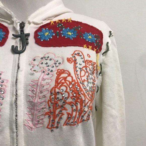 Joystick Johnny Was crystal dove cream red applique embroidered zip hoodie L - Picture 6 of 13